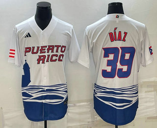 Mens Puerto Rico Baseball #39 Edwin Diaz 2023 White World Baseball Classic Stitched Jersey